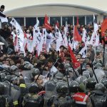 Protesters are blocked by Turkish soldiers as they try to march to a court house near Istanbul