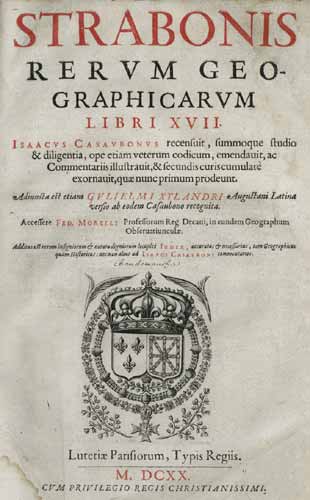 Sztrabón Geógraphika c. munkájának 1620-as kiadásának címlapja