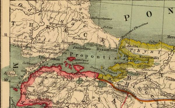 A Márvány-tenger (Propontis, Marmara Denizi) Heinrich Kiepert (1818–1899) ábrázolásában (megjelent 1903-ban). A térképen jól látszik, hogy a Boszporusz ’Bosporus Thracicus, a Márvány-tenger pedig ’Propontis’ néven szerepel