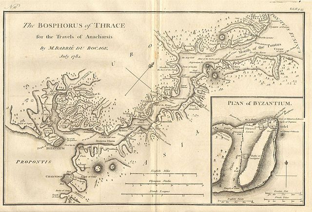 A Boszporusz Jean-Denis Barbié du Bocage (1760–1825) 1784-ben készült ábrázolásán. Az ábrázoláson a szoros északi bejáratánál láthatóak a Cyaneae/Symplegades szigetei; délebbre pedig a Turris Timeae és Dareiosz hídja is