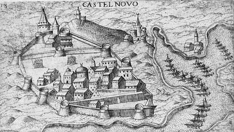 A montenegrói Herceg Novi, az egykori Castelnuovo egy XVII. századi ábrázoláson